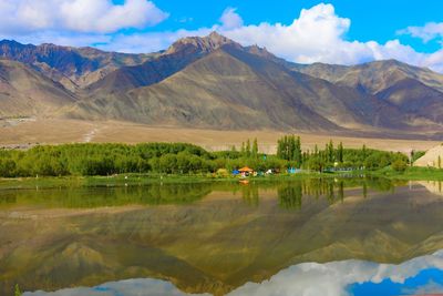 Scenic view of lake and mountains against sky