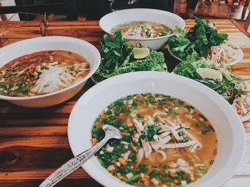 High angle view of food served on table