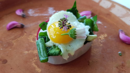 High angle view of breakfast served on table