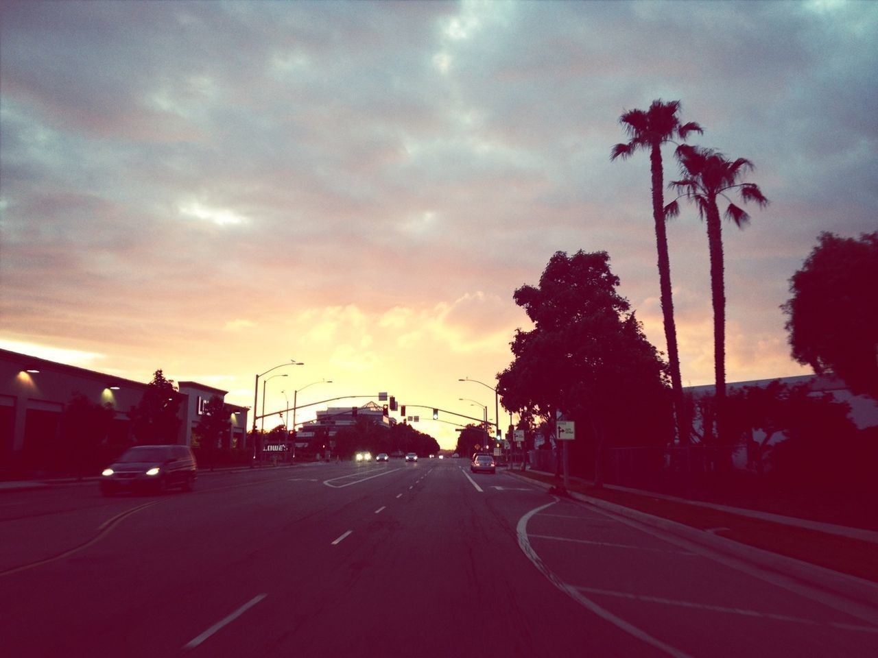 transportation, sunset, road, sky, the way forward, car, cloud - sky, land vehicle, road marking, mode of transport, diminishing perspective, silhouette, tree, street, cloudy, vanishing point, cloud, dusk, orange color, street light