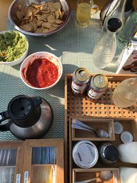 High angle view of breakfast on table