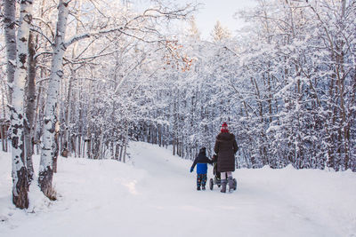 Mother and son walking in the snow in a wintry forest