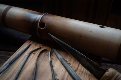 High angle view of wood on table