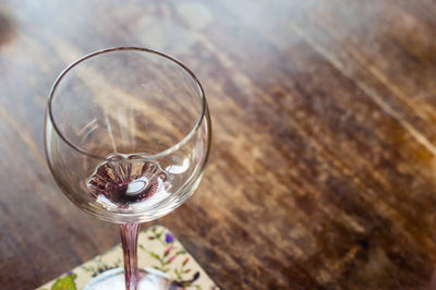 Close-up of empty wineglass on table
