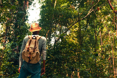 Rear view of man standing in forest