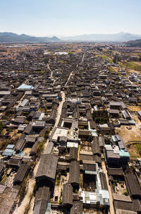 High angle view of townscape against clear sky