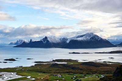 Aerial scenic view of landscape, sea and countryside in moskenesoy lofoten norway