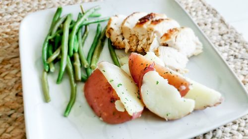 High angle view of breakfast served in plate