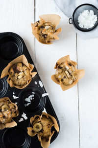 High angle view of mushrooms on table