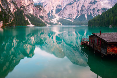 Panoramic view of lake and mountains