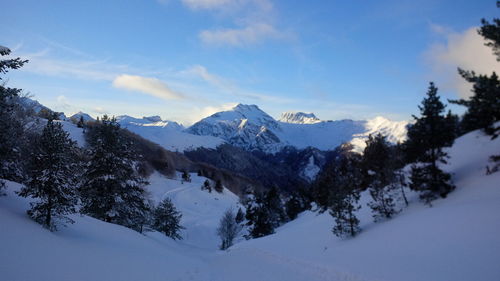 Scenic view of snowcapped mountains against sky