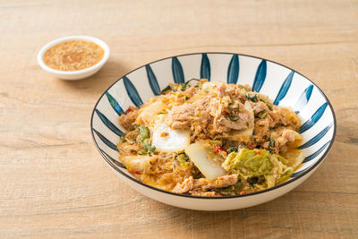 High angle view of food in plate on table