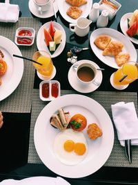 High angle view of breakfast on table