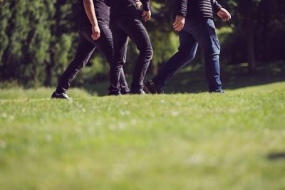 Low section of man walking on grass