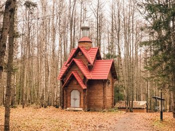 Abandoned house amidst trees on field in forest