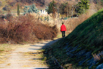 Rear view of woman walking on landscape