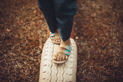 Low section of walking boy on tire 