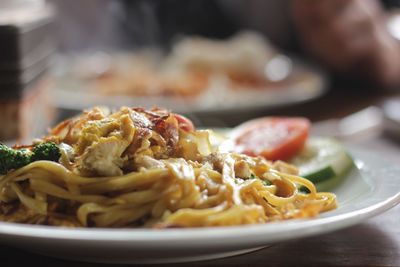 Close-up of spaghetti served in plate