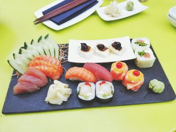 High angle view of japanese food on serving tray