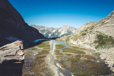 Scenic view of lake by mountains against clear blue sky