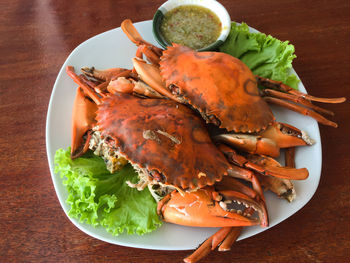 High angle view of seafood in plate on table