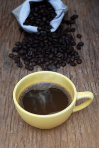 High angle view of coffee cup on table