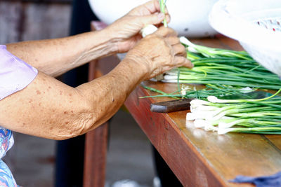 Midsection of senior woman cleaning spring onions at home