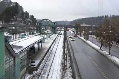 High angle view of railroad tracks in winter