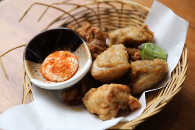 High angle view of food in plate on table