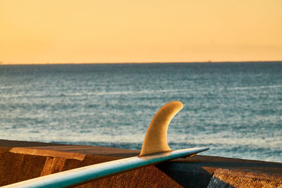 Close-up of surfboard and sea against clear sky during sunsie