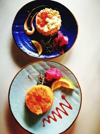High angle view of fruits served on table