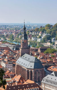 High angle view of townscape against sky in city