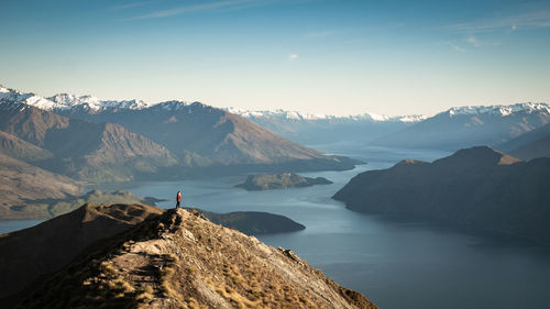 Scenic view of lake and mountains against sky