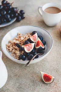 High angle view of breakfast served on table