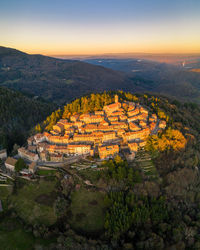 High angle view of landscape against sky during sunset