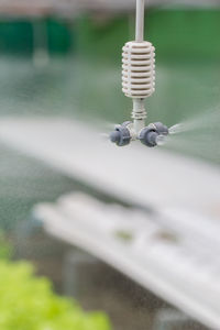 Close-up of telephone pole against blurred background