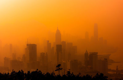 Silhouette of buildings in city during sunset