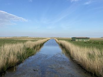 Canal amidst field against sky