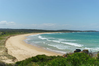 Scenic view of beach against blue sky