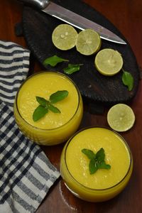 High angle view of fruits on table