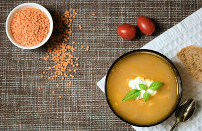 High angle view of soup in bowl on table
