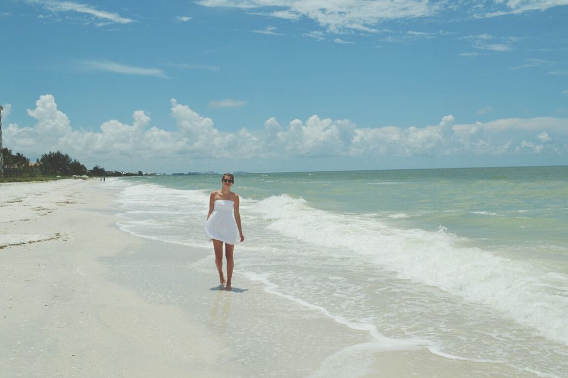 beach, sea, water, horizon over water, shore, sand, full length, wave, leisure activity, lifestyles, sky, vacations, surf, standing, rear view, walking, beauty in nature, scenics