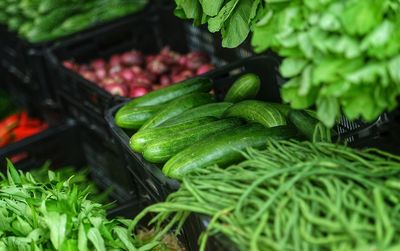 High angle view of vegetables for sale at market stall