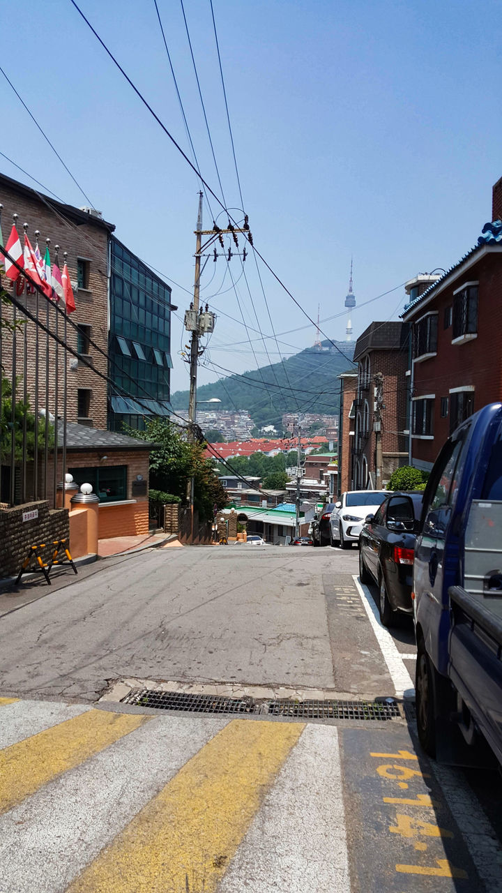 ROAD AMIDST BUILDINGS AGAINST SKY IN CITY