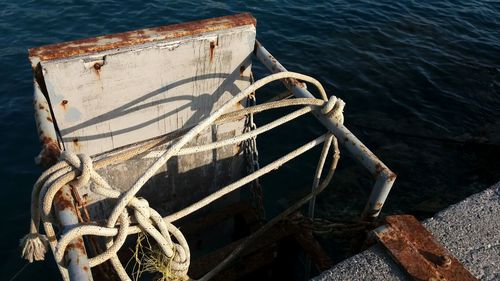 High angle view of boat moored in lake