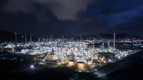 High angle view of illuminated city at night