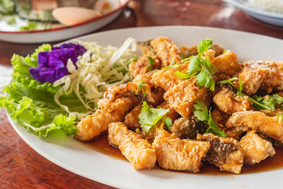 Close-up of food served in plate