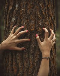 Midsection of woman touching tree trunk against plants