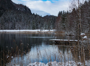 Scenic view of lake against sky during winter