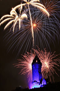 Low angle view of night time firework display at historic monument.